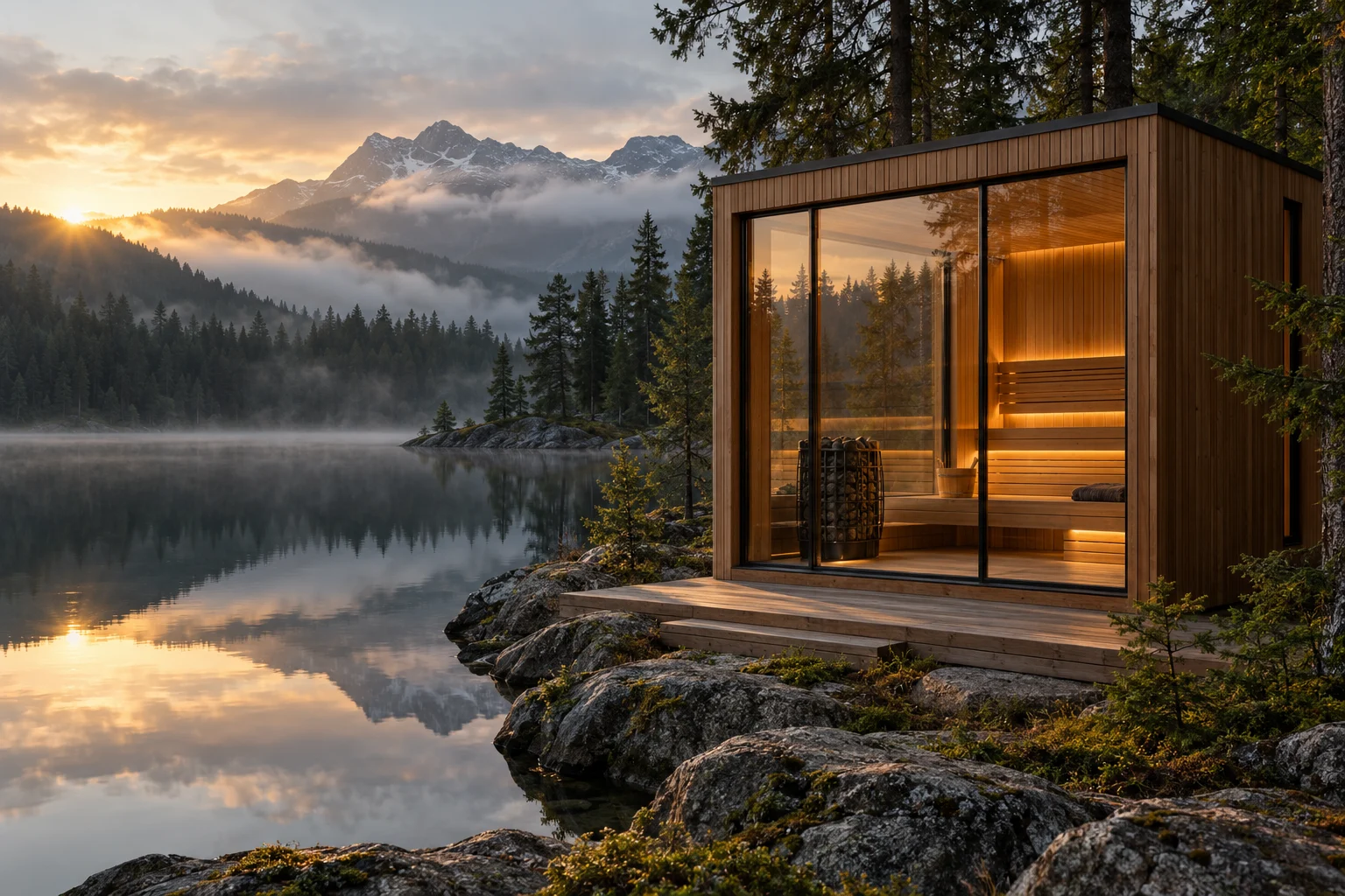 Cedar sauna beside a misty Nordic lake — concept photography